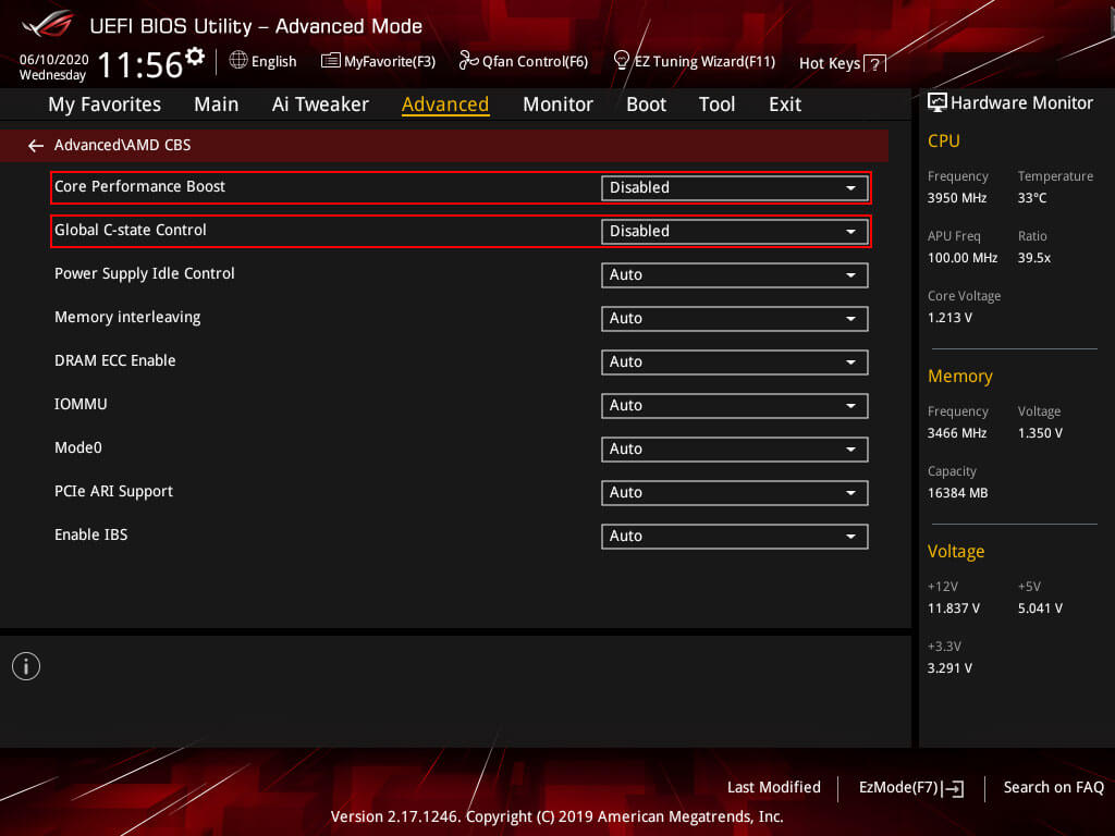 AMD CBS settings for the Ryzen 2600